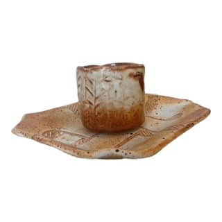 Singed Late 20th Century Textured Studio Pottery Small Cup With Plate For Sale