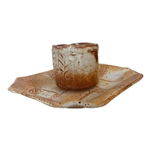 Singed Late 20th Century Textured Studio Pottery Small Cup With Plate