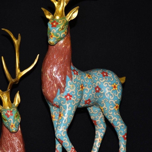 Turquoise Pair of Vintage Cloisonne Enamel Deer Figures – Gilt Spotted Deer Sculptures For Sale - Image 8 of 9
