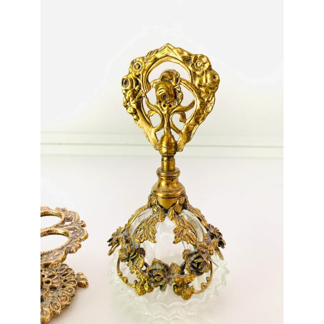 Shabby Chic Midcentury Clear Press Glass & Gold Rose Filigree Omurlu Bottles S/3 For Sale - Image 3 of 6