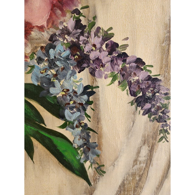 Cream Mid Century Floral Still Life Oil Painting in Period Carved Frame For Sale - Image 8 of 16