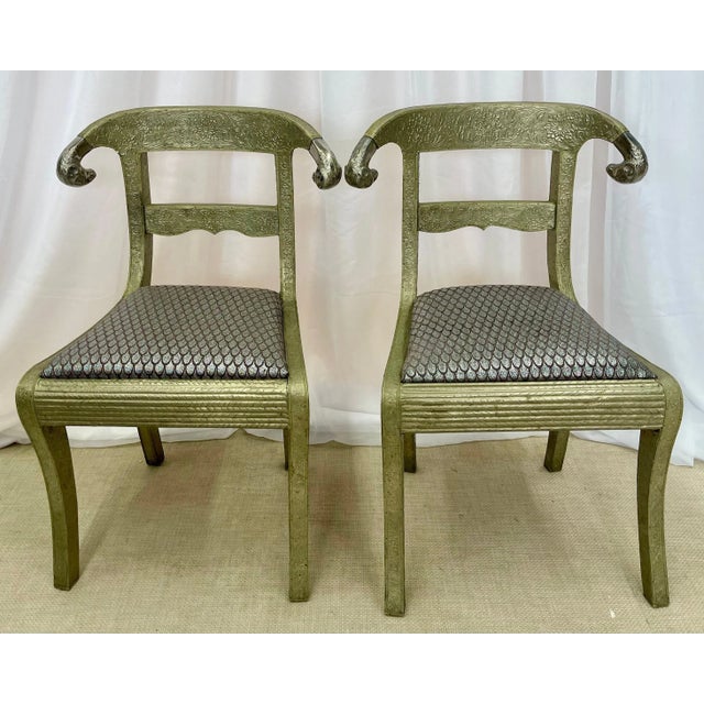 Pair of Gustavian or Neoclassical Side Chairs can be used in any room. Each having fully metal wrapped frames with Finely...