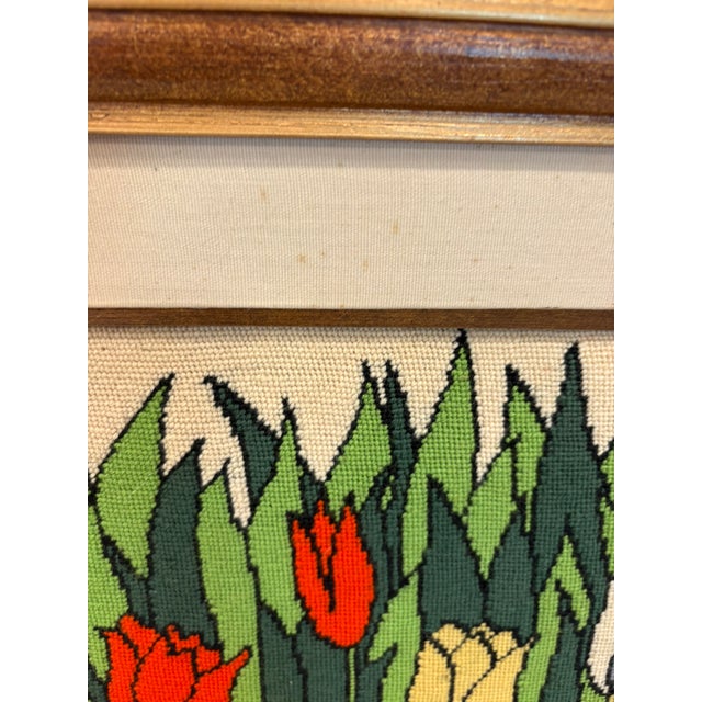 Vintage Framed Tulip Needlepoint Textile Art Scandinavian Modern Solid Wood Frame For Sale In Miami - Image 6 of 12