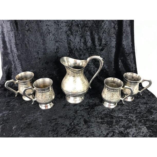 English Antique Anglo-Indian Hand-Chased Silver-Plate Pitcher & Pedestal Tankard Set - 5 Pieces For Sale - Image 3 of 9