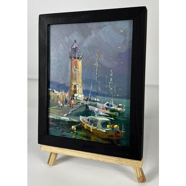 Impressionist Oil Painting Ships Moored at the Lighthouse Yuriy Suprunchuk For Sale - Image 3 of 11