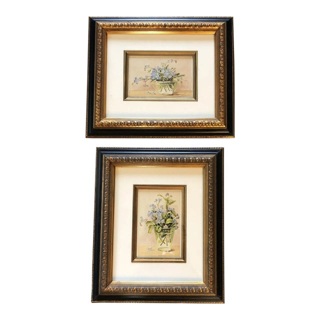 Collection of 2 Vintage Original Small Floral Still Life Watercolor Paintings Framed For Sale