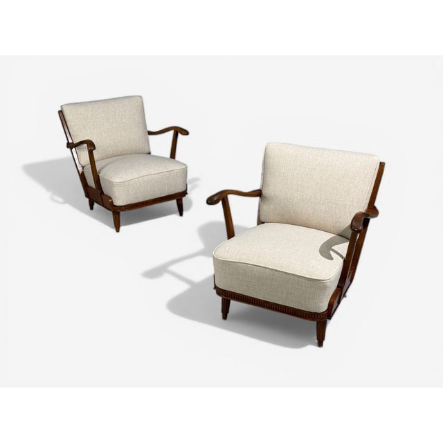 Svante Skogh, Swedish Mid-Century Modern, Lounge Chairs, Beige Linen, Beech, Sweden, 1945 Pair of gorgeous lounge chairs...