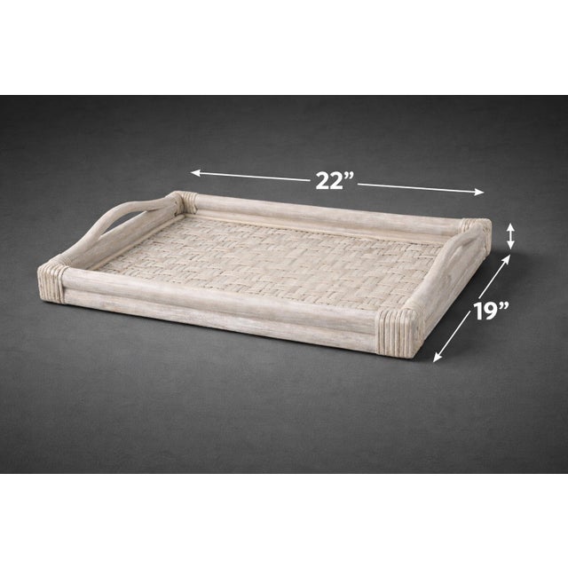 Vintage Bamboo & Woven Rattan Serving Tray — Coastal Breeze Whitewashed Tray With Handles, 22” X 19” For Sale - Image 4 of 6
