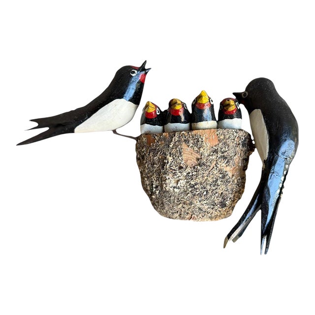 Wood Carved Swallows With Nest and Babies For Sale