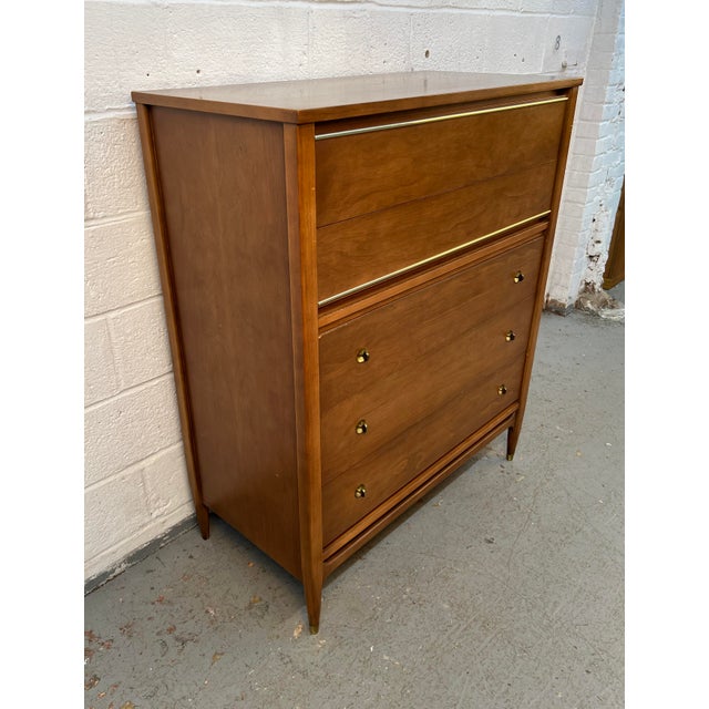 Mid 20th Century Mainline by Hooker Mid-Century Walnut and Brass Five Drawer Highboy Dresser, Attributed For Sale - Image 5 of 15