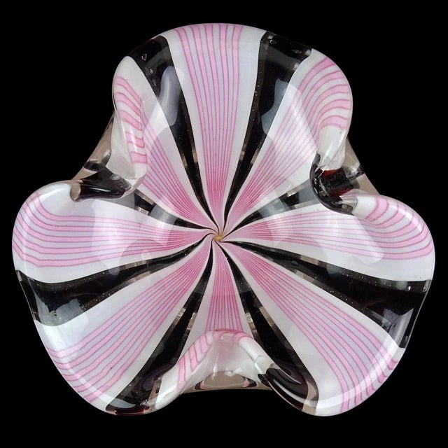 Mid-Century Modern Vintage Murano Pink Black White Alternating Ribbons Italian Art Glass Decorative Folded Edges Bowl For Sale - Image 3 of 9