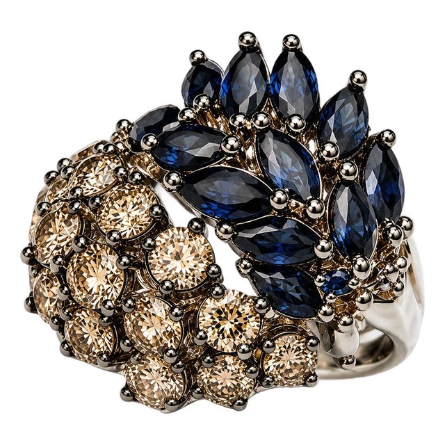 Mid 20th Century 18k White & Blackened Gold Designer Champagne Diamond Sapphire Wide Band Ring, Size 7.25 For Sale