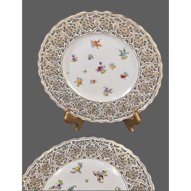 Vintage Saxonia Dresden Painted Floral Gilded Reticulated Plates - Set of Four For Sale - Image 6 of 10