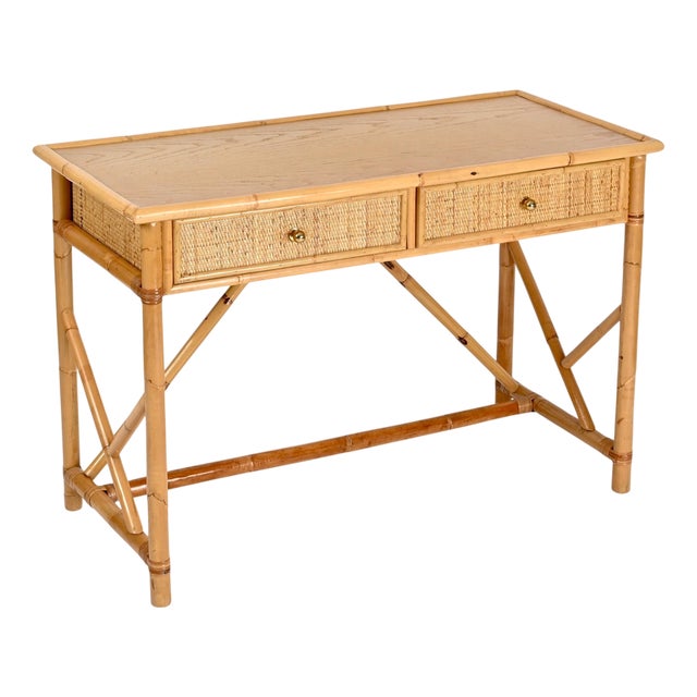 French Riviera Desk with Drawers in Rattan, Oak, Wicker, and Brass, Italy, 1970s For Sale