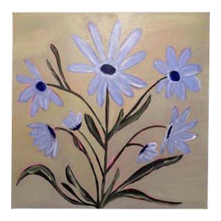 Modern Abstract Floral Folk Art Acrylic Painting on Canvas, Signed, Dated For Sale