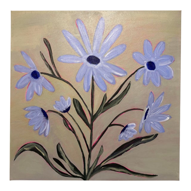 Modern Abstract Floral Folk Art Acrylic Painting on Canvas, Signed, Dated For Sale