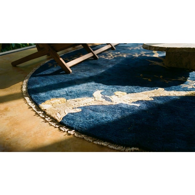 1920s Navy Blue Birds Flowers Art Deco Antique Oval Chinese Peking Wool Rug For Sale - Image 14 of 15