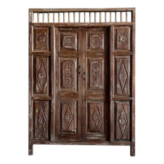 Antique Handcarved Teak Wood Garden Gates – Rustic Indian Architectural Doors 84x59 For Sale