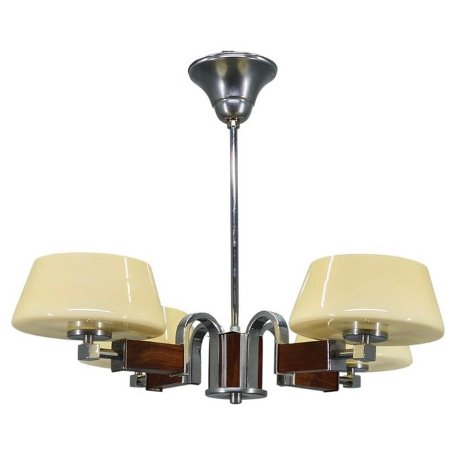 Art Deco Chandelier in Chrome, Wood and Glass, Czechoslovakia, 1930s For Sale - Image 14 of 14