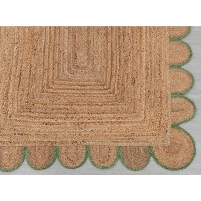 Boho Chic Olive Green Scallop Edge Jute Rug 3x20 Ft. For Sale - Image 3 of 13