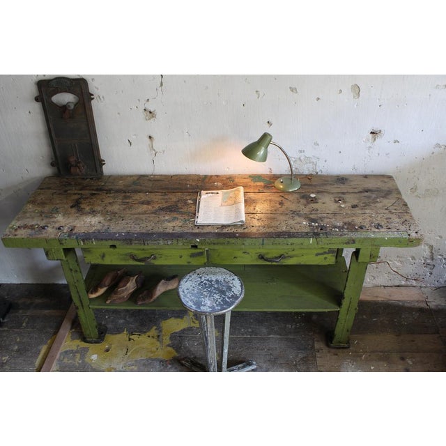 Impressive industrial antique workbench / worktable from 1900 france. Made from cast iron and oak with amazing green...