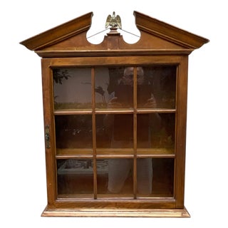 Vintage Solid Wood Hanging Wall Cabinet / Curio & Brass Eagle Finial For Sale