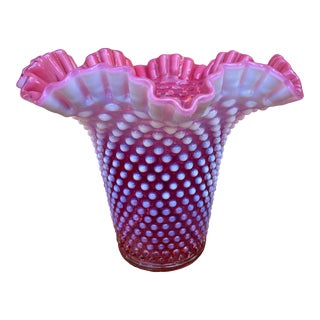 Mid 20th Century Large Vintage Fenton Cranberry Opalescent Hobnail Ruffled Top Vase For Sale