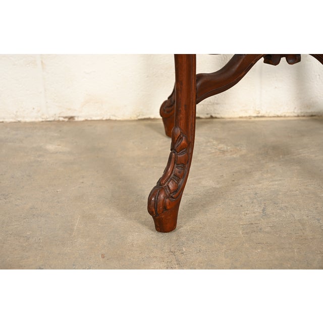 Romweber Style French Provincial Louis XV Carved Walnut and Satinwood Inlaid Marquetry Side Tables, Pair For Sale - Image 11 of 12