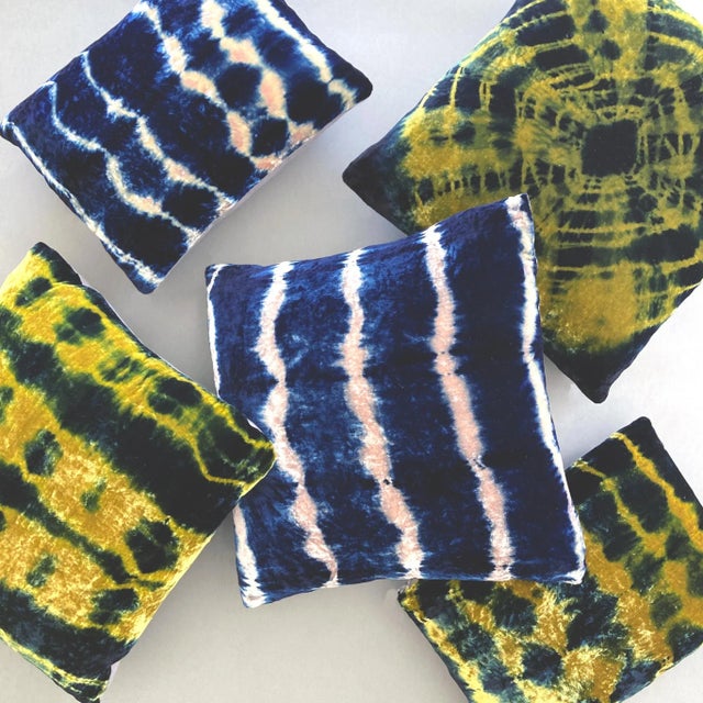 Rousseau Hand Dyed Silk Velvet Pillow, Rose Pink & Indigo Blue Stripe Abstract Pattern For Sale - Image 4 of 5