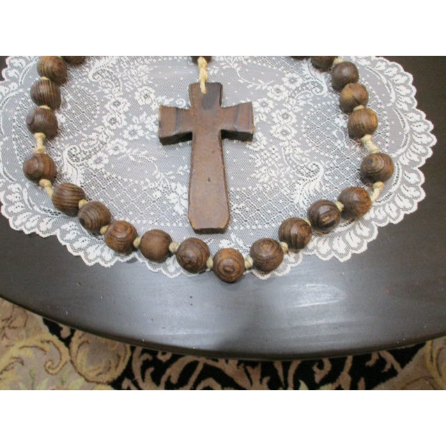 1940s Giant Wood Rosary Large Wooden Beads Hand Carved Catholic Wall Hang Hand Knotted 58" For Sale - Image 5 of 9