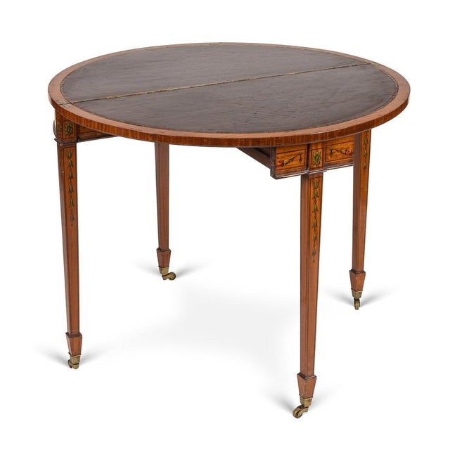 Antique early-19th Century Georgian demi lune games table, hand painted on satinwood, decorated throughout with hand...