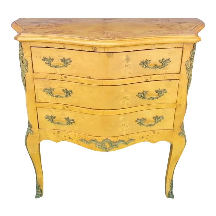 Vintage Italian Burl Wood Ormolu Accented 3 Drawer Curved Bombe Hall