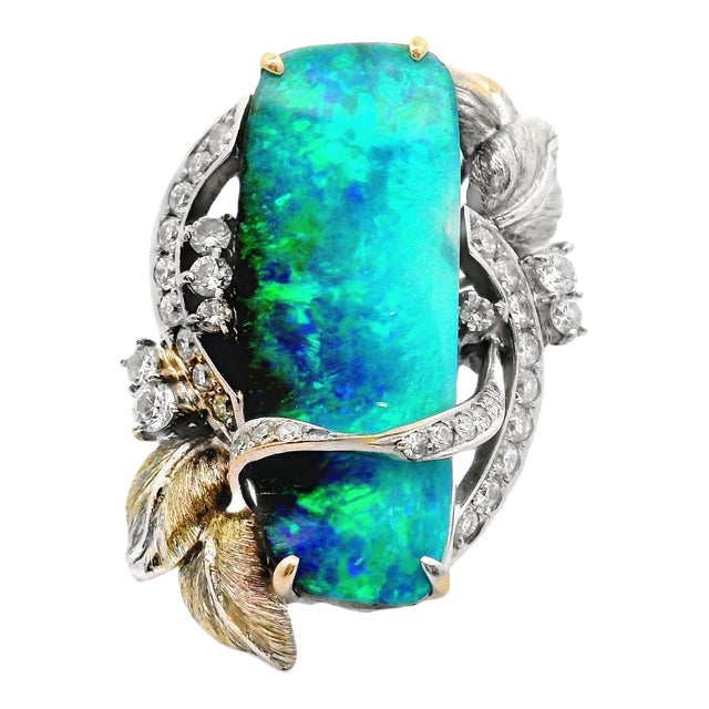 16.39 Carat Australian Boulder Opal Diamond Platinum Floral Cocktail Ring Size 6.5 For Sale