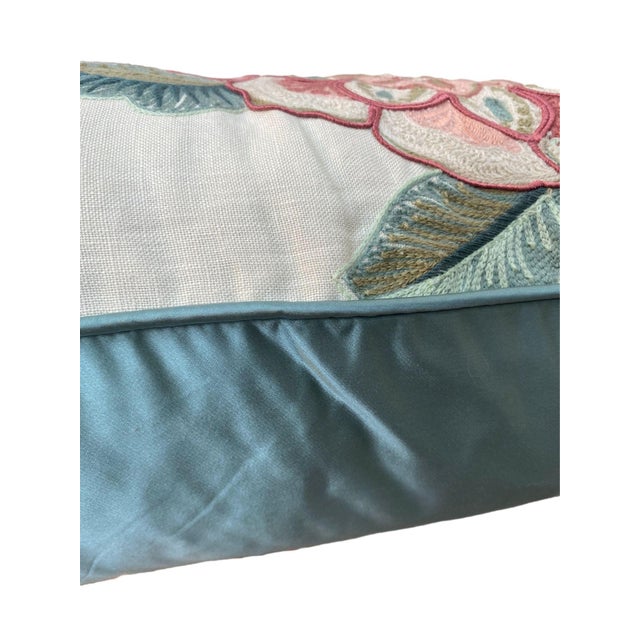 Contemporary Pink & Blue Floral Embroidered Throw Pillow Cover For Sale - Image 3 of 4