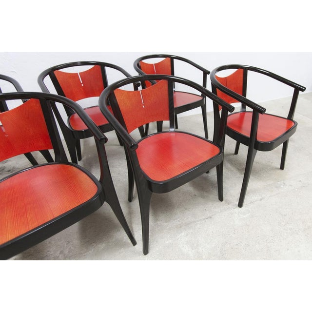 1990s Baumann Armchairs Model Diese in Colour Wengé and Red from Pagnon Pelhaître, Set of 6 For Sale - Image 5 of 18