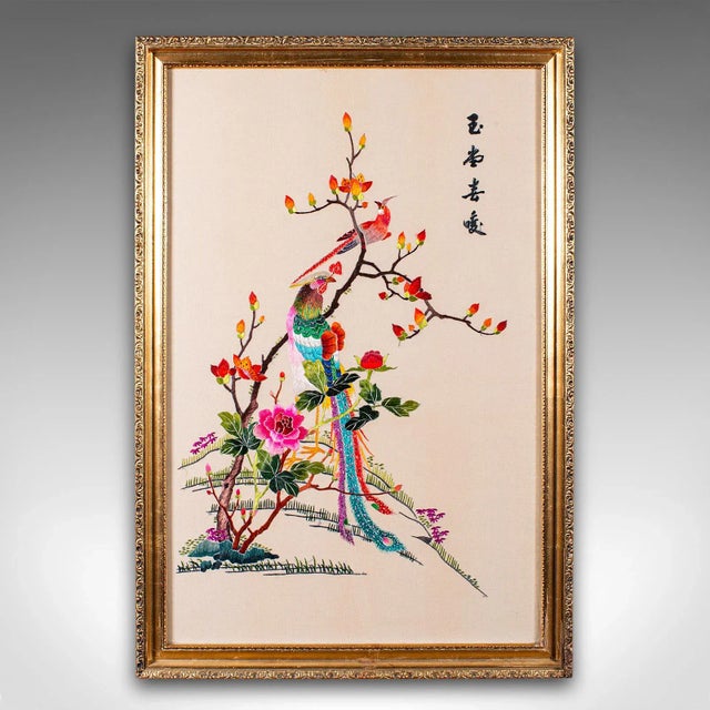 This is a large vintage display panel. A Korean, embroidery on paper decorative scene, dating to the Art Deco period,...