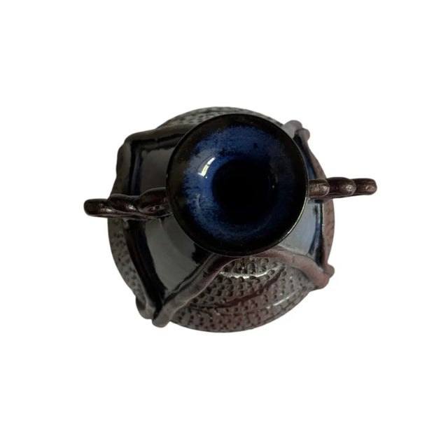 Sculpture Materials Mid 20th Century Blue Glaze & Brown Clay Studio Pottery Overlay Vase For Sale - Image 7 of 9