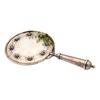 Silver Hand Mirror with Reliefs and Rose Applications on the Back For Sale