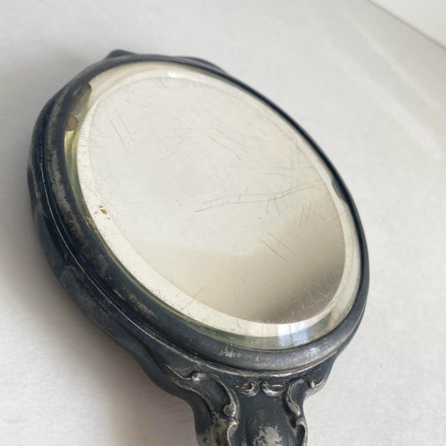 Art Nouveau Vanity Hand Mirror Floral Silver Plated Distressed Antique Finish For Sale - Image 6 of 12