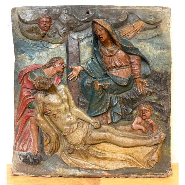 19th C. Polychromed Terracotta Relief Plaque of the Pietà Polychromed Terracotta Devotional Relief Depicting the Pietà...