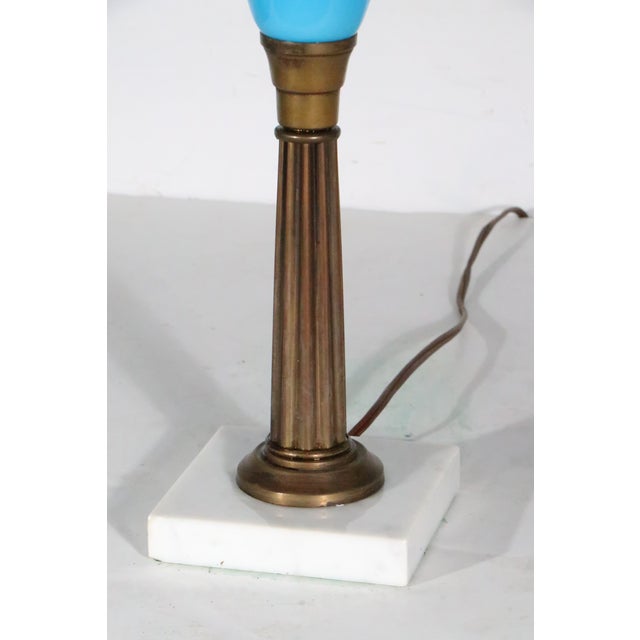Early 20th Century Electrified Oil Lamp With French Blue Opaline Glass Font For Sale - Image 10 of 10