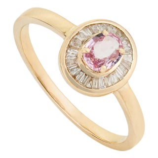 Pink Sapphire & Baguette Diamond Vintage Ring in 14k Yellow Gold Size 6 For Sale
