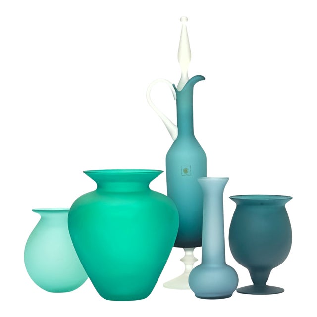 Vintage Mixed Greens Frosted Glass Vessel Curation - Group of 5 For Sale