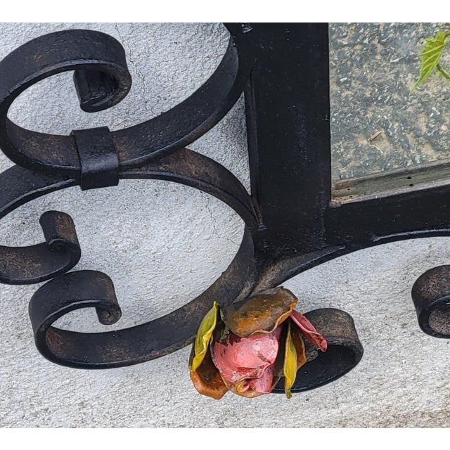 Vintage 1930s American Handmade Wrought Iron Wall Mirror Hand Painted Floral Dec For Sale - Image 12 of 18