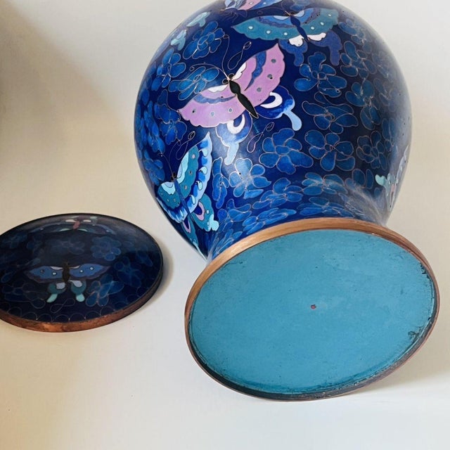 Metal Vintage Cloisonné Enamel Butterfly & Floral Ginger Jar With Lid For Sale - Image 7 of 9