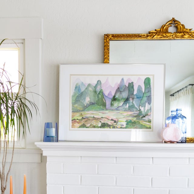 An abstract watercolor landscape painting in bright colors and unusual shapes that evoke a fauvist dreamscape, but more...