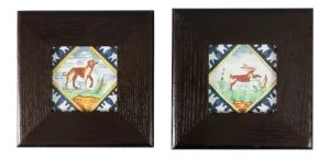 Vintage Dutch Delft Framed Polychrome Animal Tiles - Set of 2