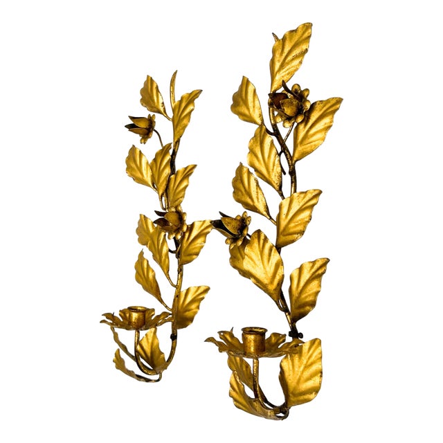 Mid-Century Italian Gilt Metal Floral Wall Sconces, Pair – Hollywood Regency / Italian Florentine For Sale
