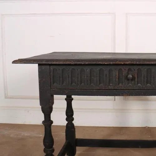 Pretty 18th C English painted oak one drawer lamp table / side table. 1740. This piece is designed in the style of the...