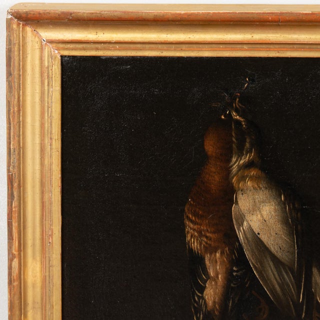 Pair of original oil on canvas still life paintings of foul and fruit late 18th Century. Unsigned. Old cracquluer...